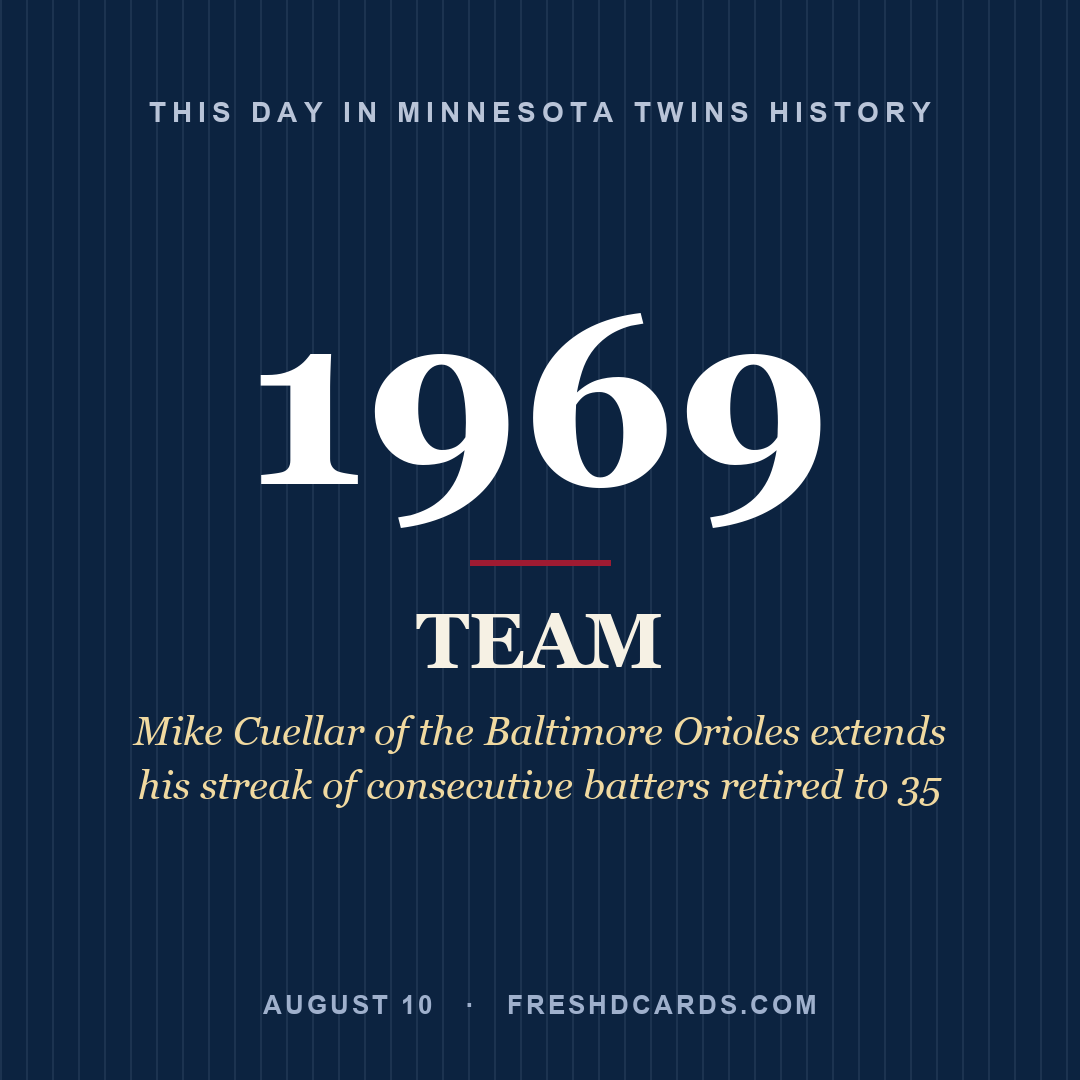 Minnesota Twins: Minnesota Twins, 1969, Mike Cuellar of the Baltimore Orioles extends his streak of consecutive batters retired to 35