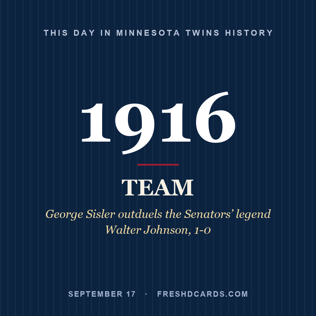 Minnesota Twins: Minnesota Twins, 1916, George Sisler outduels the Senators’ legend Walter Johnson, 1-0