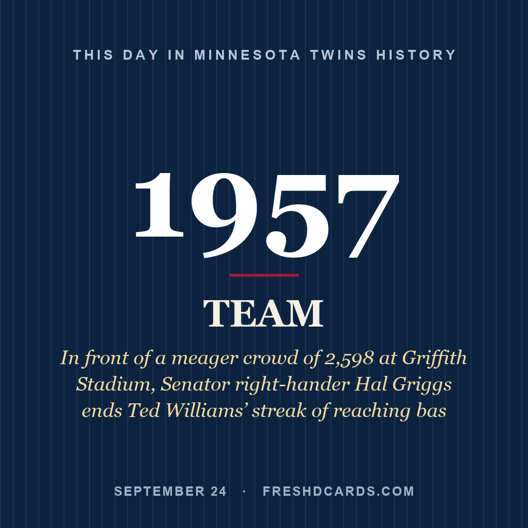Minnesota Twins: Minnesota Twins, 1957, In front of a meager crowd of 2,598 at Griffith Stadium, Senator right-hander Hal Griggs ends Ted Williams’ streak of reaching bas