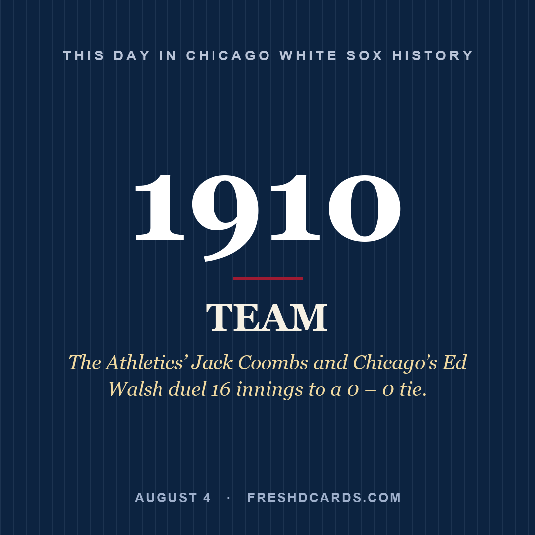 Chicago White Sox: Chicago White Sox, 1910, The Athletics’ Jack Coombs and Chicago’s Ed Walsh duel 16 innings to a 0 – 0 tie.