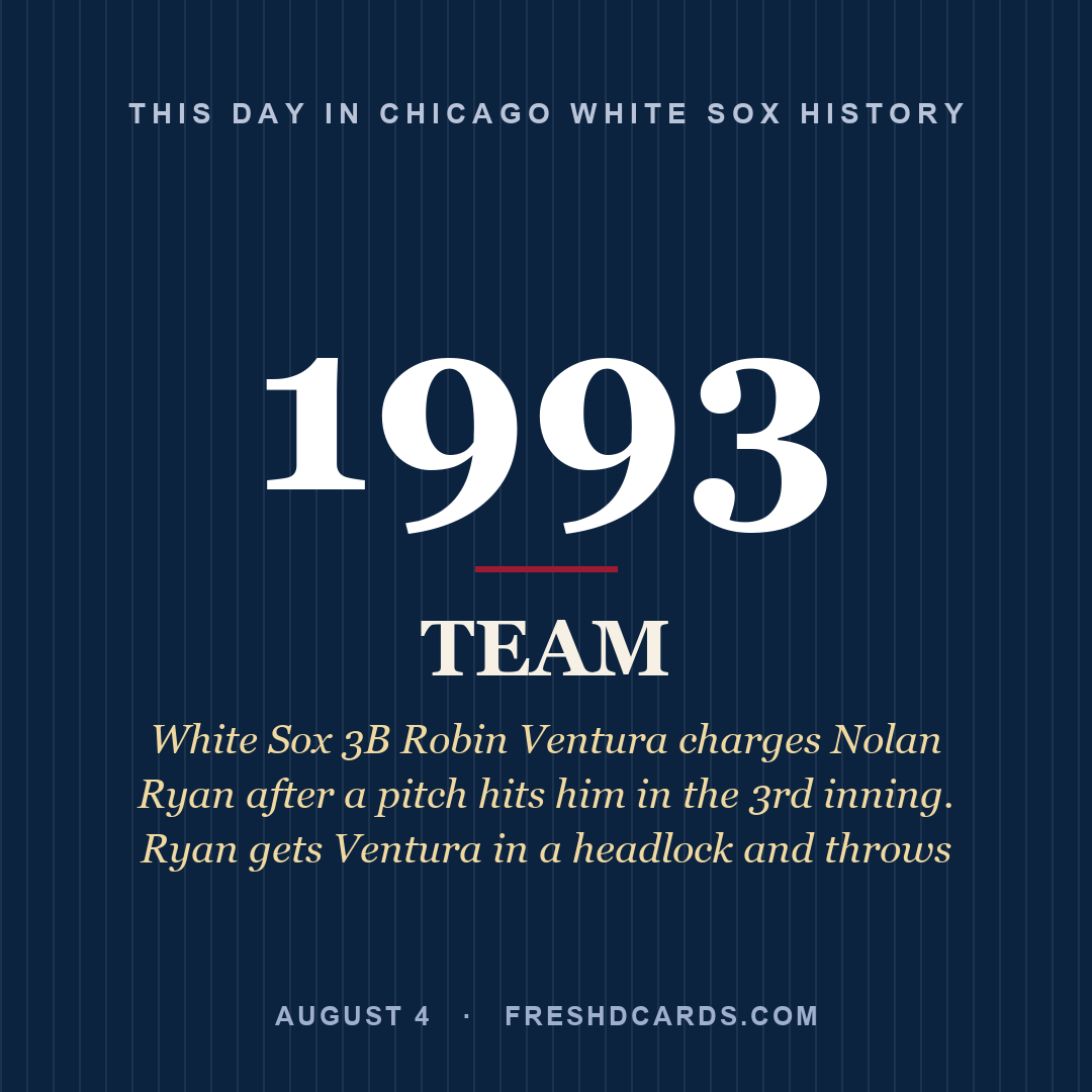 Chicago White Sox: Chicago White Sox, 1993, White Sox 3B Robin Ventura charges Nolan Ryan after a pitch hits him in the 3rd inning. Ryan gets Ventura in a headlock and throws