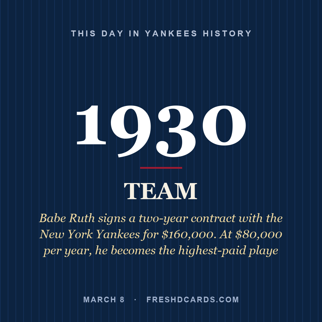 Yankees: Yankees, 1930, Babe Ruth signs a two-year contract with the New York Yankees for $160,000. At $80,000 per year, he becomes the highest-paid playe