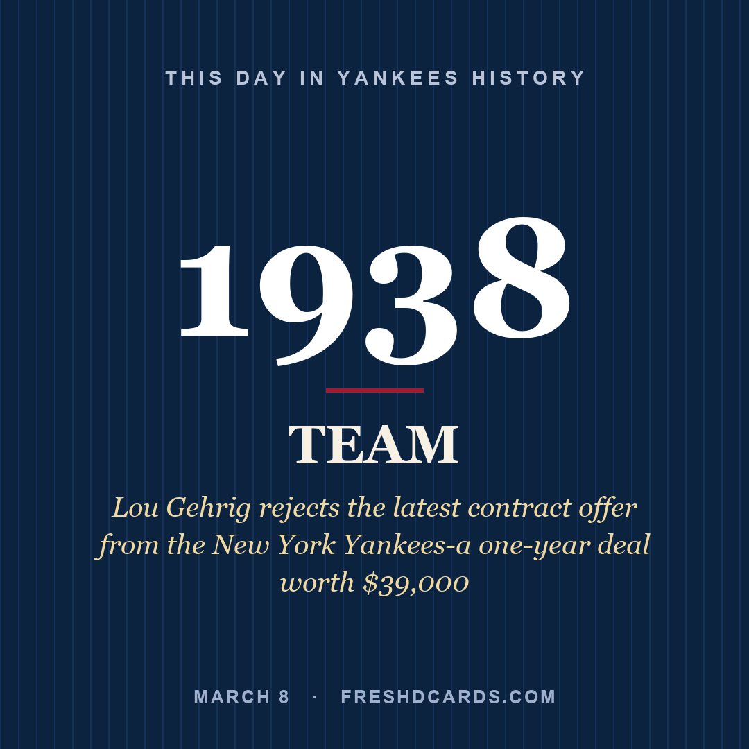 Yankees: Yankees, 1938, Lou Gehrig rejects the latest contract offer from the New York Yankees-a one-year deal worth $39,000