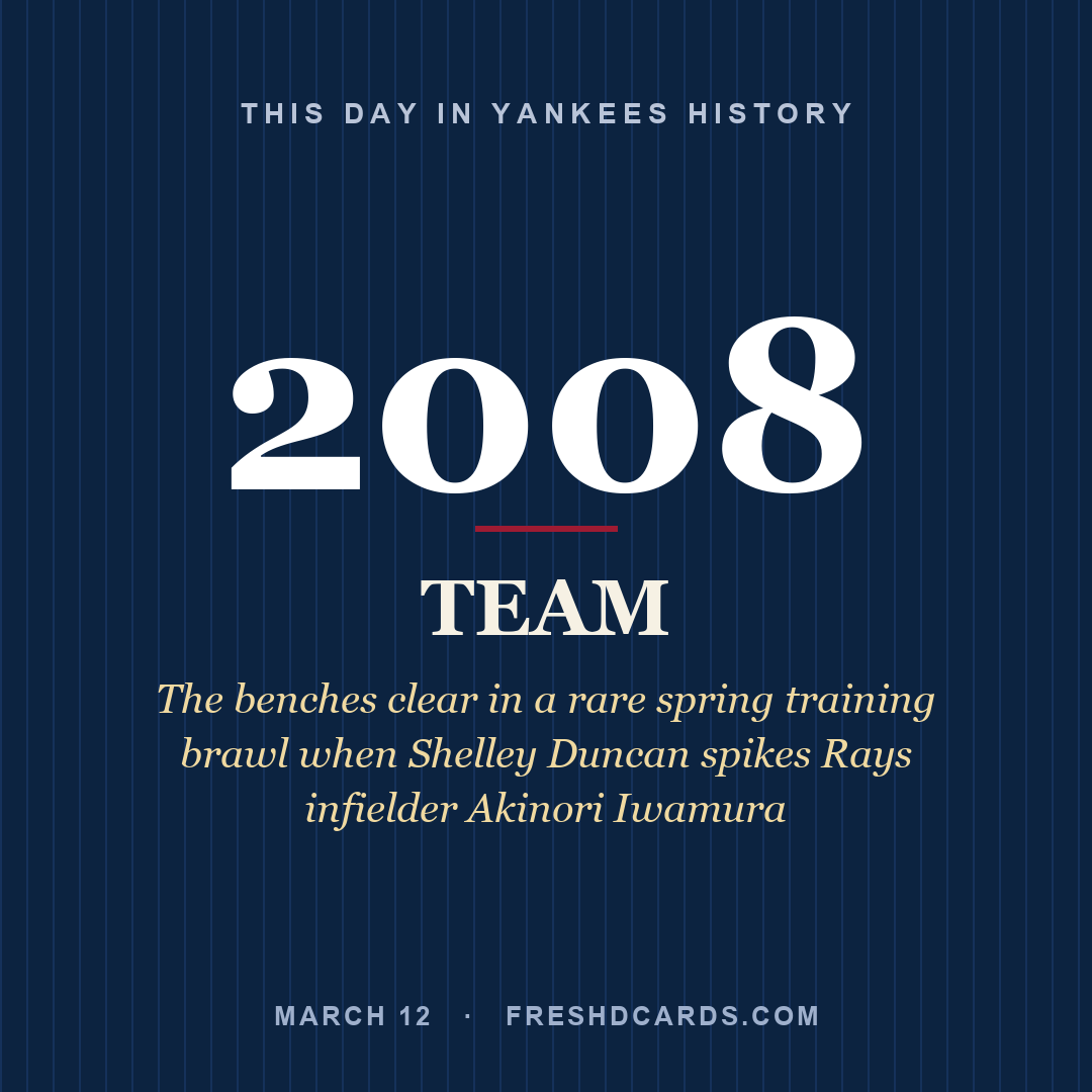 Yankees: Yankees, 2008, The benches clear in a rare spring training brawl when Shelley Duncan spikes Rays infielder Akinori Iwamura