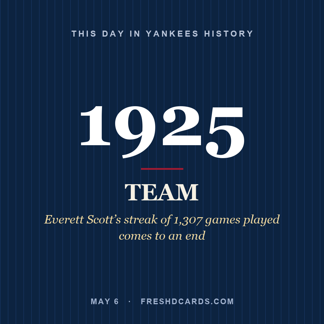 Yankees: Yankees, 1925, Everett Scott’s streak of 1,307 games played comes to an end