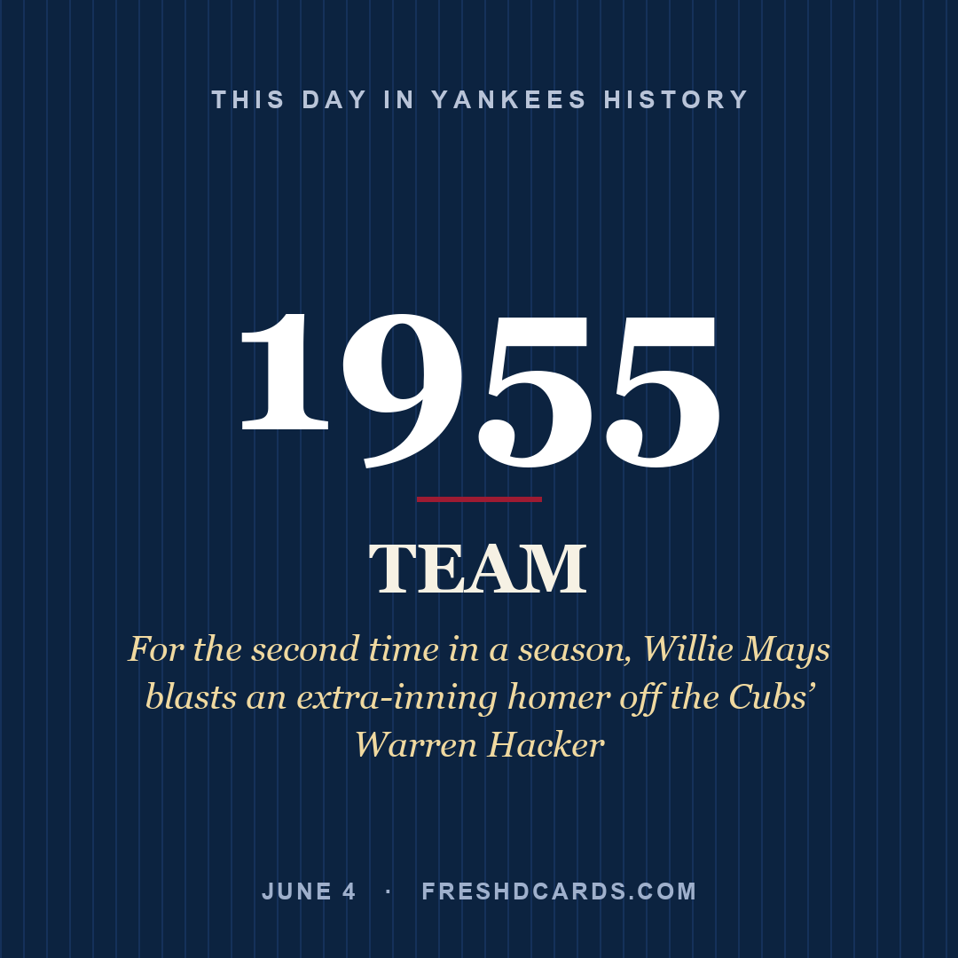 Yankees: Yankees, 1955, For the second time in a season‚ Willie Mays blasts an extra-inning homer off the Cubs’ Warren Hacker