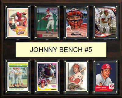Johnny Bench #5 baseball plaque with 8 trading cards and engraved nameplate, 12x15 fan cave display