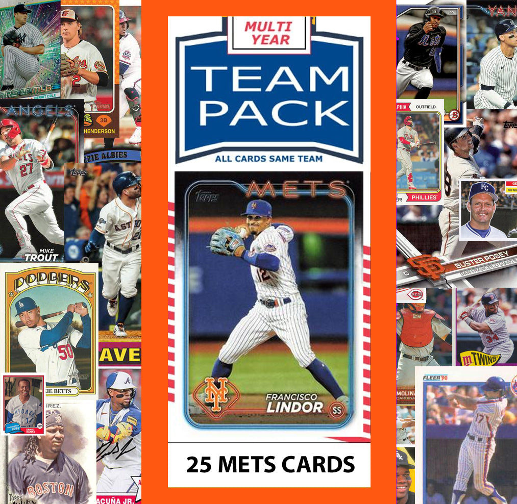 20 Card Multiyear Team Pack New York Mets Francisco Lindor 2024 2023 2025 Topps Stadium Club Archives Chrome Heritage Bowman hand-collated team set
