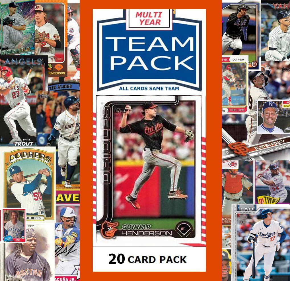 20 Card Multiyear Team Pack Orioles Cal Ripken 2024 2023 2025 Topps Stadium Club Archives Chrome Heritage Bowman hand-collated team set