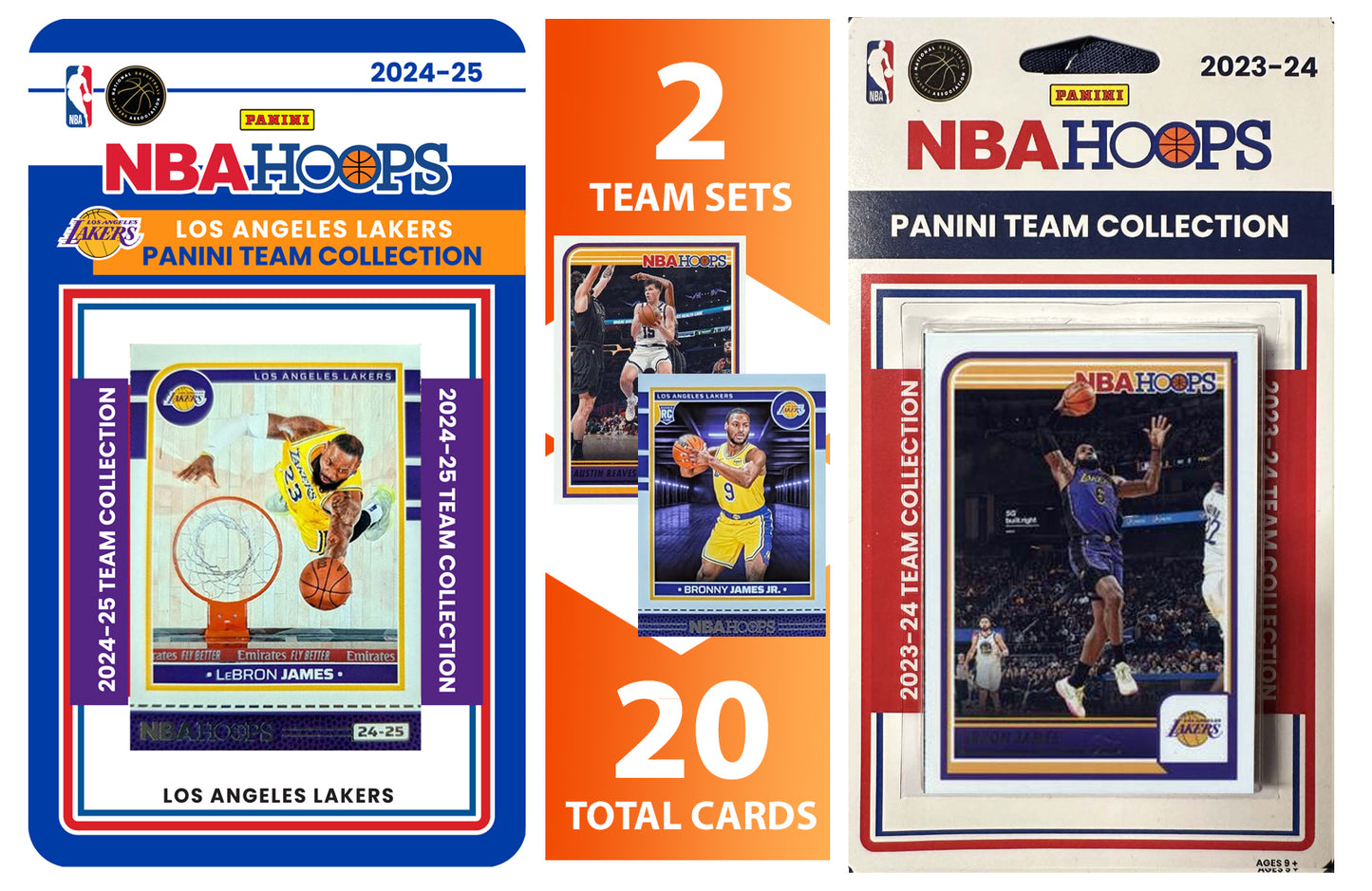 2023 2024 2025 NBA Hoops Factory Sealed NBA Basketball Card 2 Team Set Bundle Los Angeles Lakers - 17 Cards Total - LeBron James, hand-collated team set
