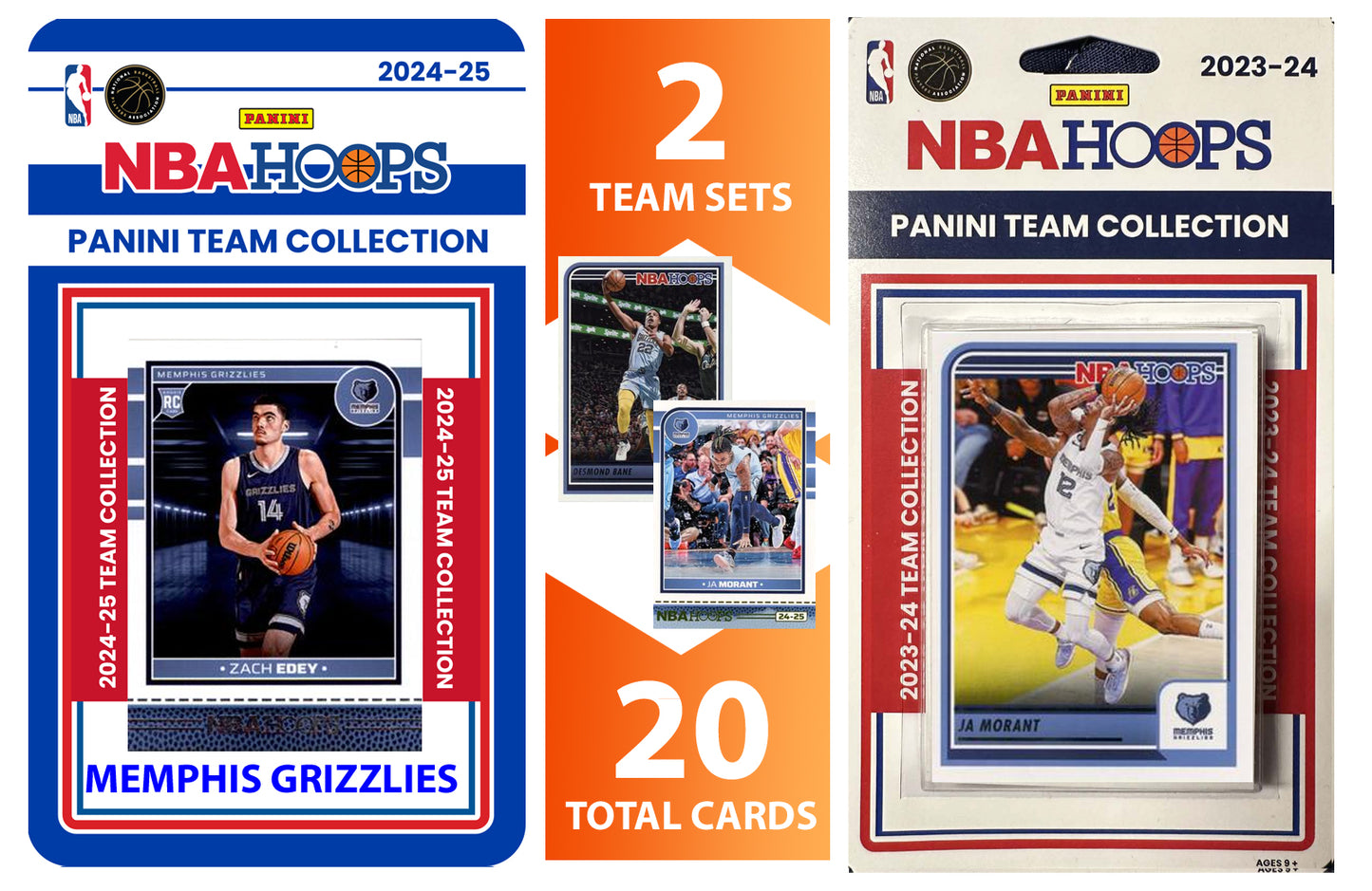 2023 2024 2025 NBA Hoops Factory Sealed NBA Basketball Card 2 Team Set Bundle Memphis Grizzlies - 20 Cards Total - Ja Morant, Zach hand-collated team set