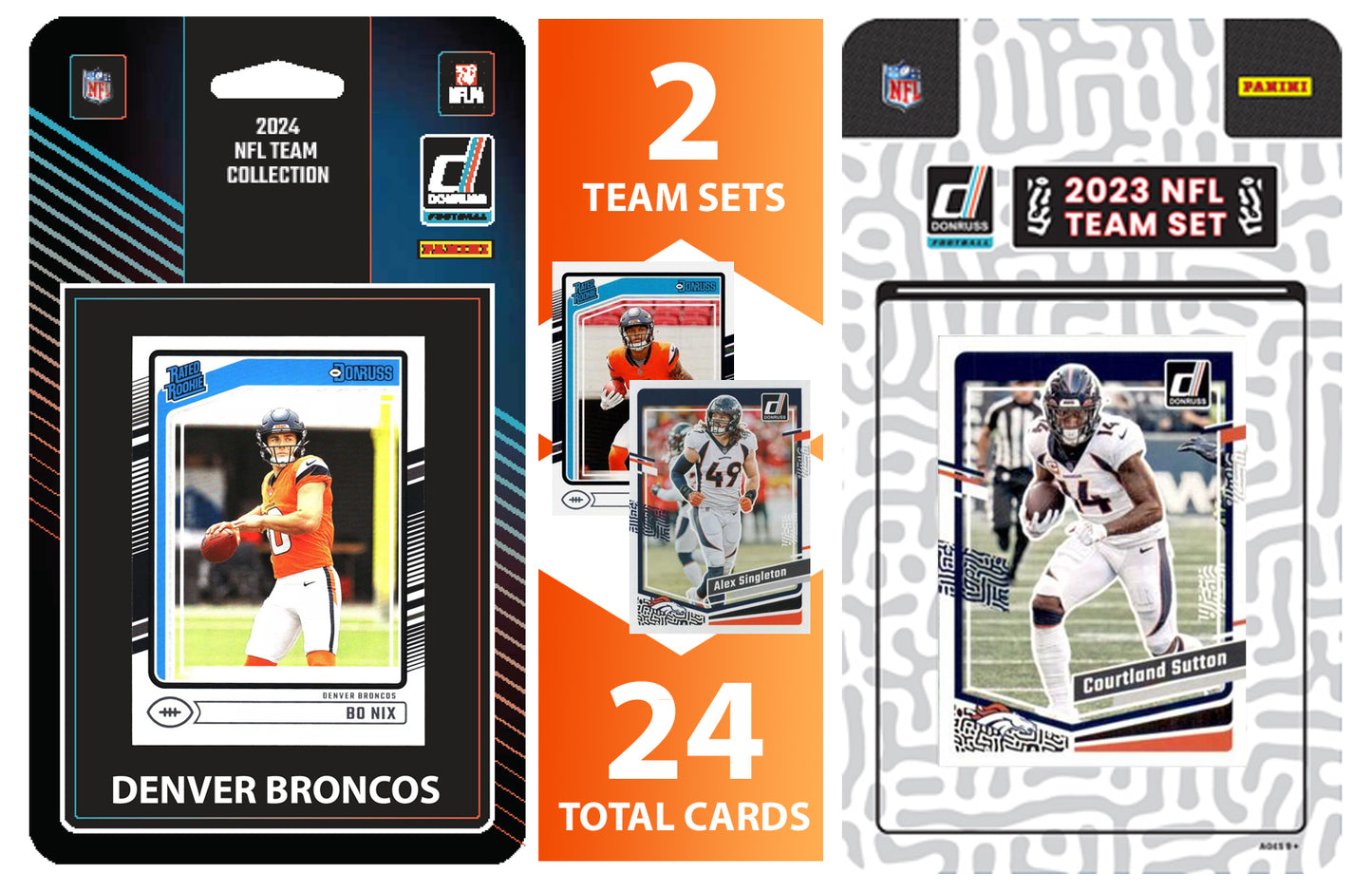 2024 + 2023 Donruss Denver Broncos Factory Sealed NFL Team Set Bundle - 24 Total Cards - Bo Nix Rated Rookie RC Troy Franlin Patri hand-collated team set