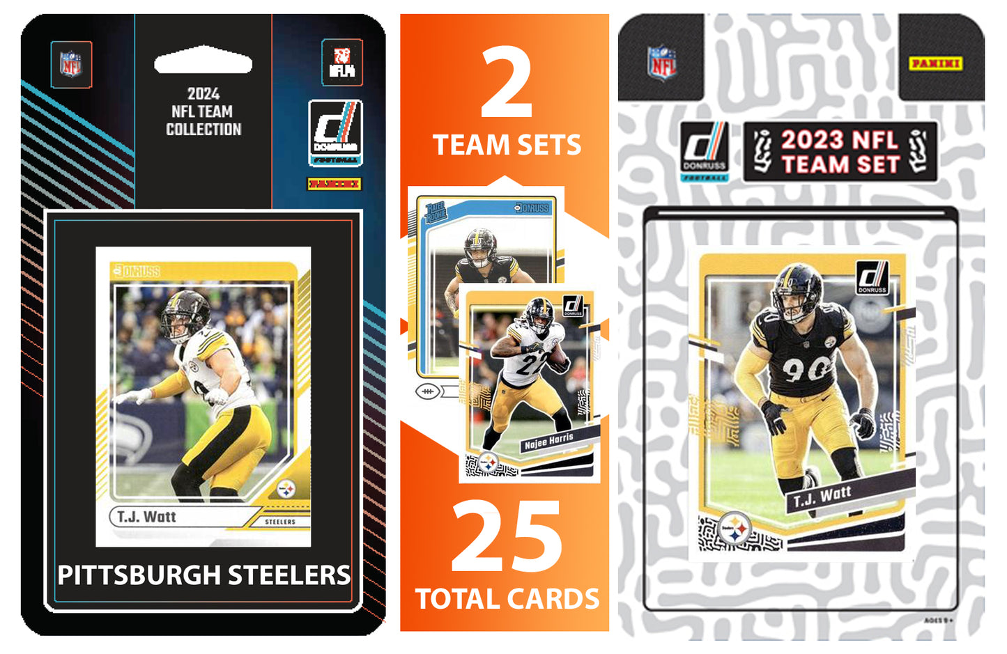2024 + 2023 Donruss Pittsburgh Steelers Factory Sealed NFL Team Set Bundle - 24 Total Cards - TJ Watt George Pickens Najee Harris hand-collated team set