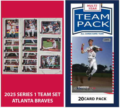 2024 Baseball Team Pack Braves 20 Card Pack Chipper Jones + 2025 Topps Series 1 Team Set - Acuna plaque