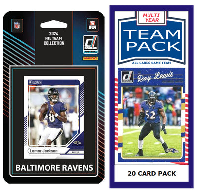 Baltimore Ravens 2025 2024 2023 Team Mystery Pack 20 Cards Ray Lewis + 2024 Donruss Team Set Lamar Jackson