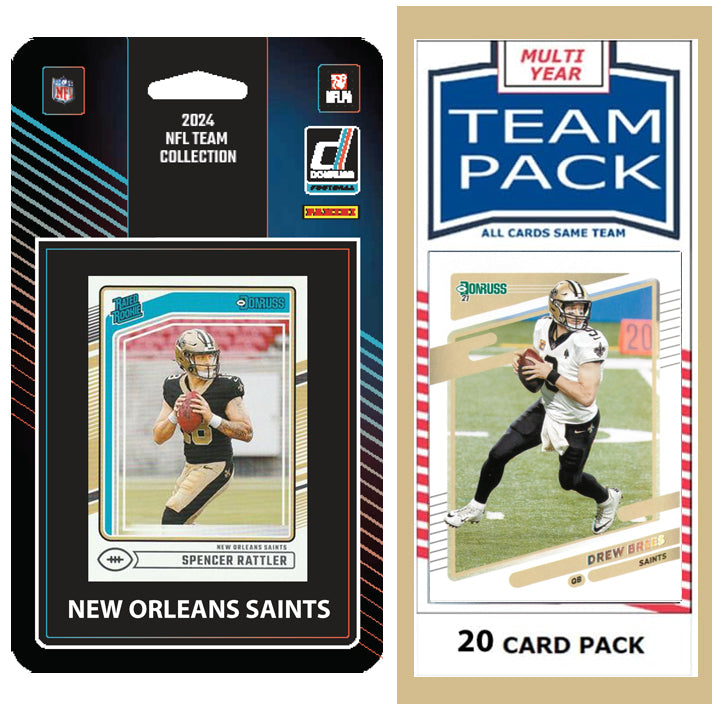 New Orleans Saints 2025 2024 2023 Team Mystery Pack 20 Cards Drew Brees + 2024 Donruss Team Set Rattler RC