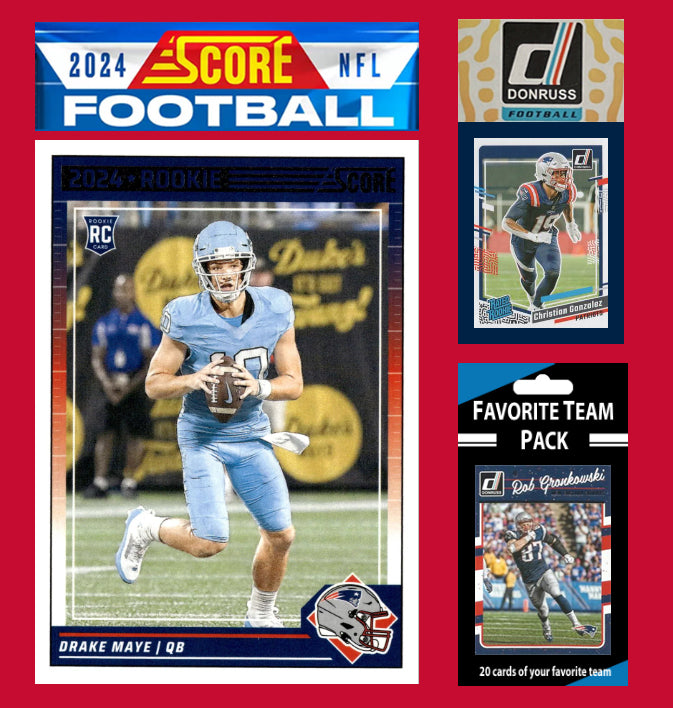 2024 SCORE NFL New England Patriots Set Gift Pack + 2023 Donruss + 20 Card Pack 303 Drake Maye RC Gronkowski plaque