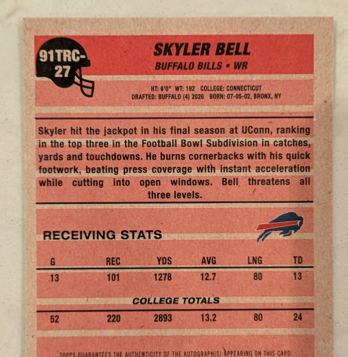 2026 Topps Football Skyler Bell Bills 1991 Chrome Gold Auto SP /50 RC #91TRC-27