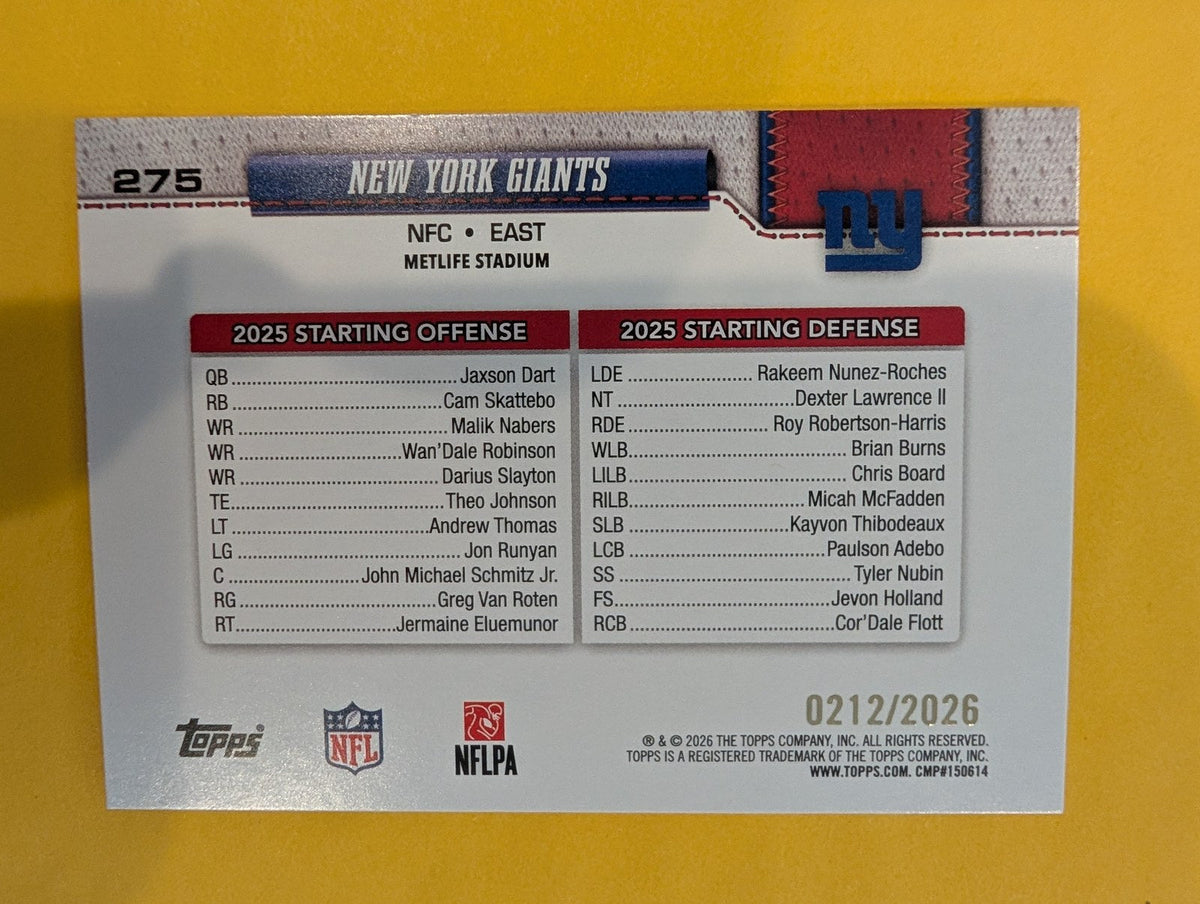 2026 Topps Football New York Giants Team Card #275 Gold /2026 - back