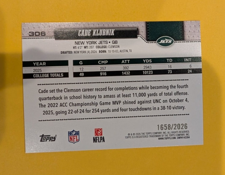 2026 Topps Football Cade Klubnik New York Jets Gold SP /2026 RC #306
