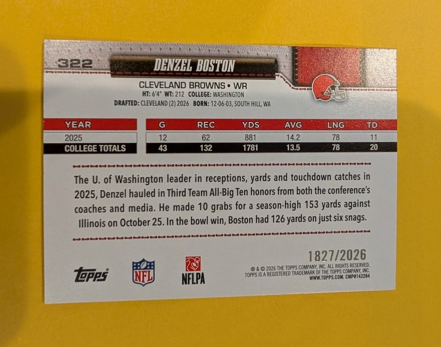 2026 Topps Football Denzel Boston Cleveland Browns Gold SP /2026 RC #322