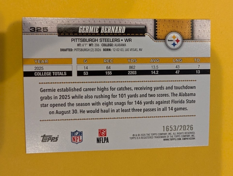 2026 Topps Football Germie Bernard Pittsburgh Steelers Gold SP /2026 RC #325