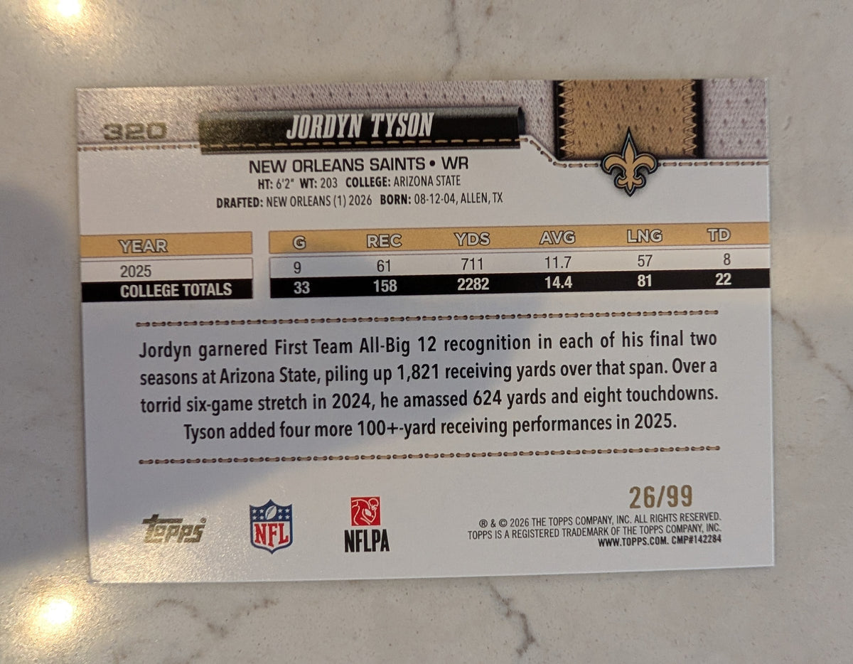 2026 Topps Football Jordyn Tyson Saints Green SP /99 RC #320