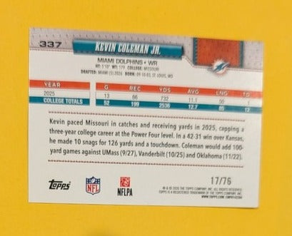 2026 Topps Football Kevin Coleman Jr Dolphins Independence Day SP /76 RC #337