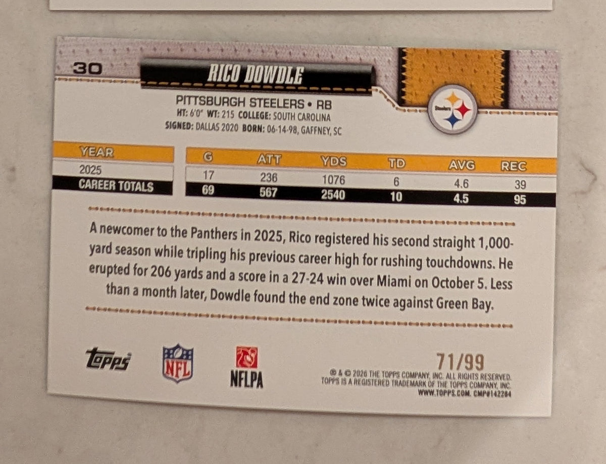 2026 Topps Football Rico Dowdle Pittsburgh Steelers 3 Card Lot Parallels #30