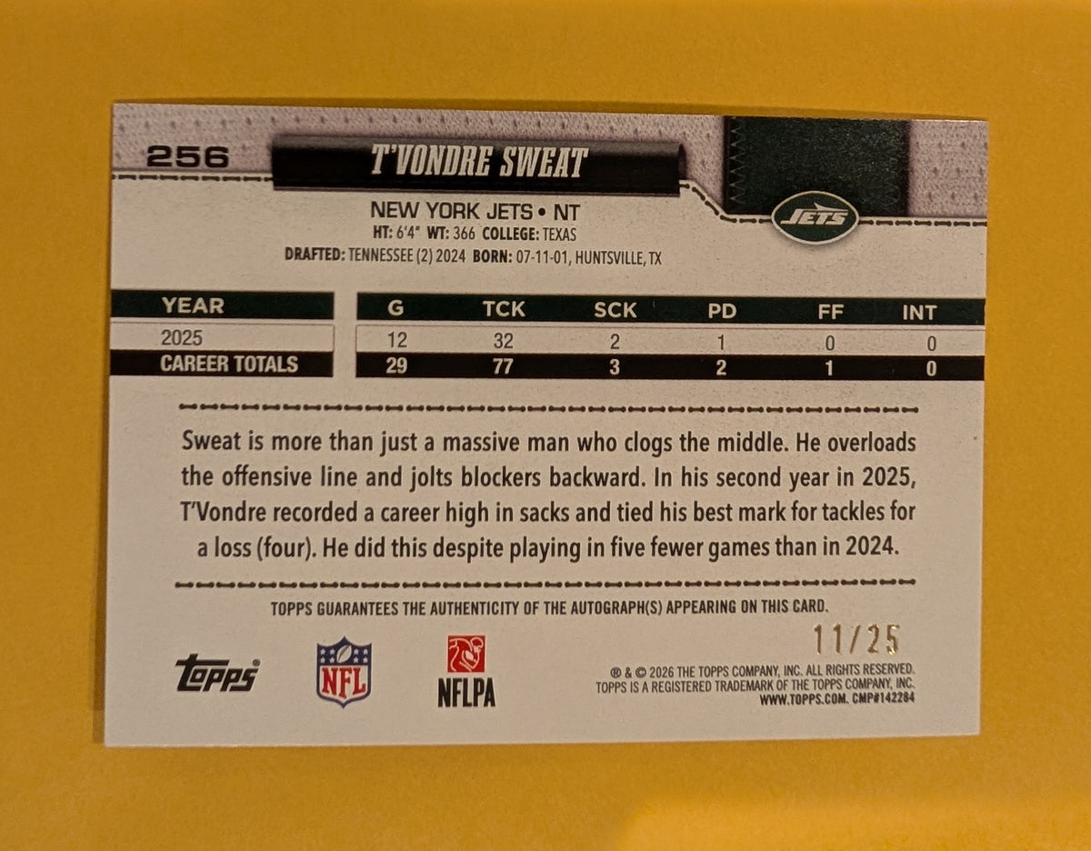 2026 Topps Football T'Vondre Sweat Jets Real One Autograph Orange SSP /25 #256