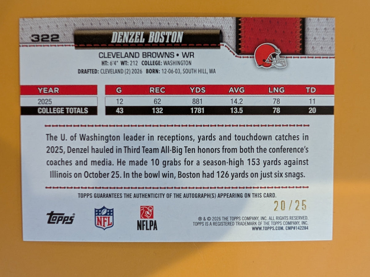 2026 Topps Football Denzel Boston Browns Real One Auto Orange SSP /25 RC #322