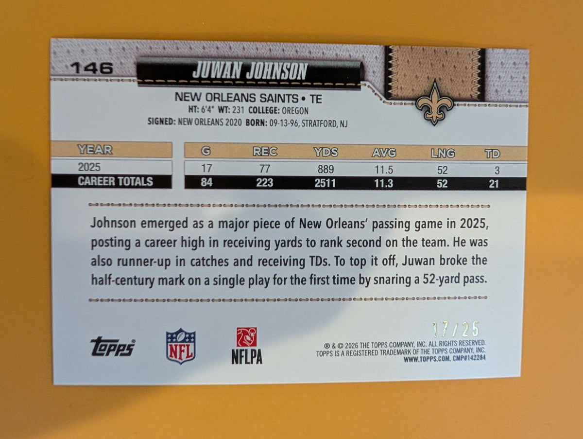 2026 Topps Football Juwan Johnson Saints Orange Leather SSP /25 #146