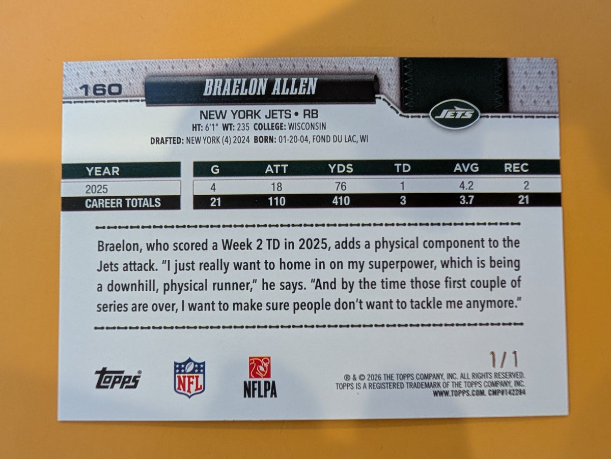 2026 Topps Football Braelon Allen Jets Rose Gold SSP 1/1 #160