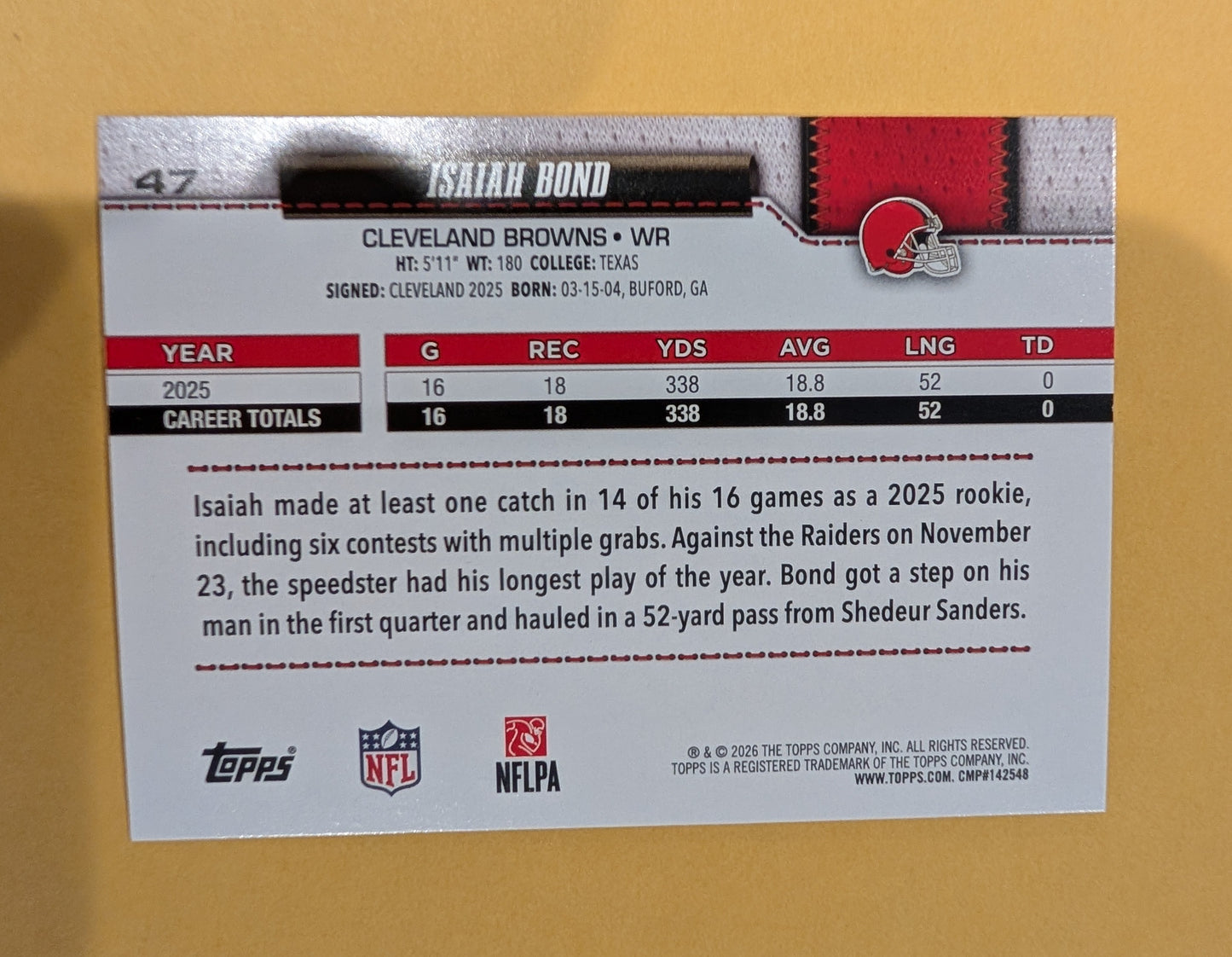 2026 Topps Football Isaiah Bond Cleveland Browns True Photo Variation SSP #47