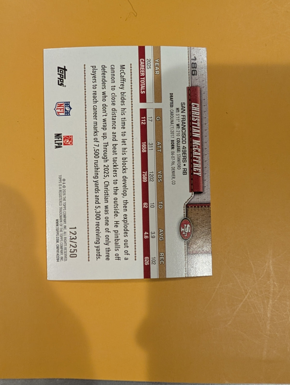 2026 Topps Football Christian McCaffrey 49ers Walmart Blue Purple SP /250 #186