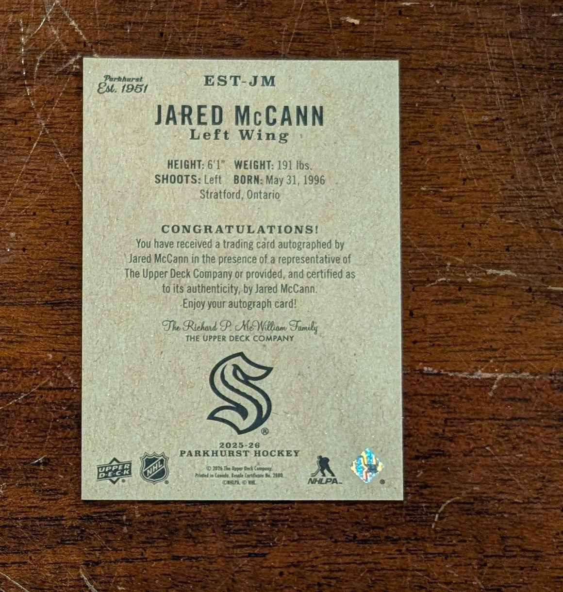 2025-26 Upper Deck Parkhurst On-Card Autograph Jared McCann - Seattle Kraken
