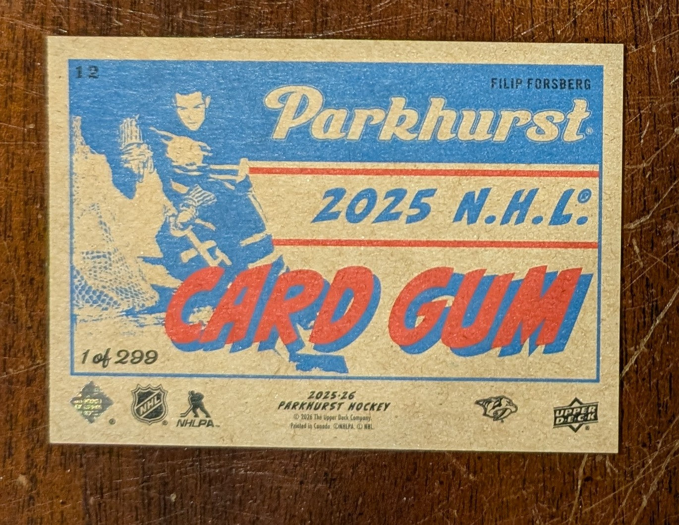 2025-26 UD Parkhurst Card Gum Back Filip Forsberg #12 /299 - Nashville Predators