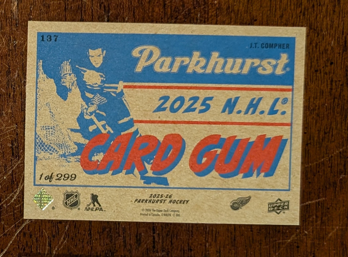 2025-26 UD Parkhurst Card Gum Back J.T. Compher #137 /299 - Detroit Red Wings