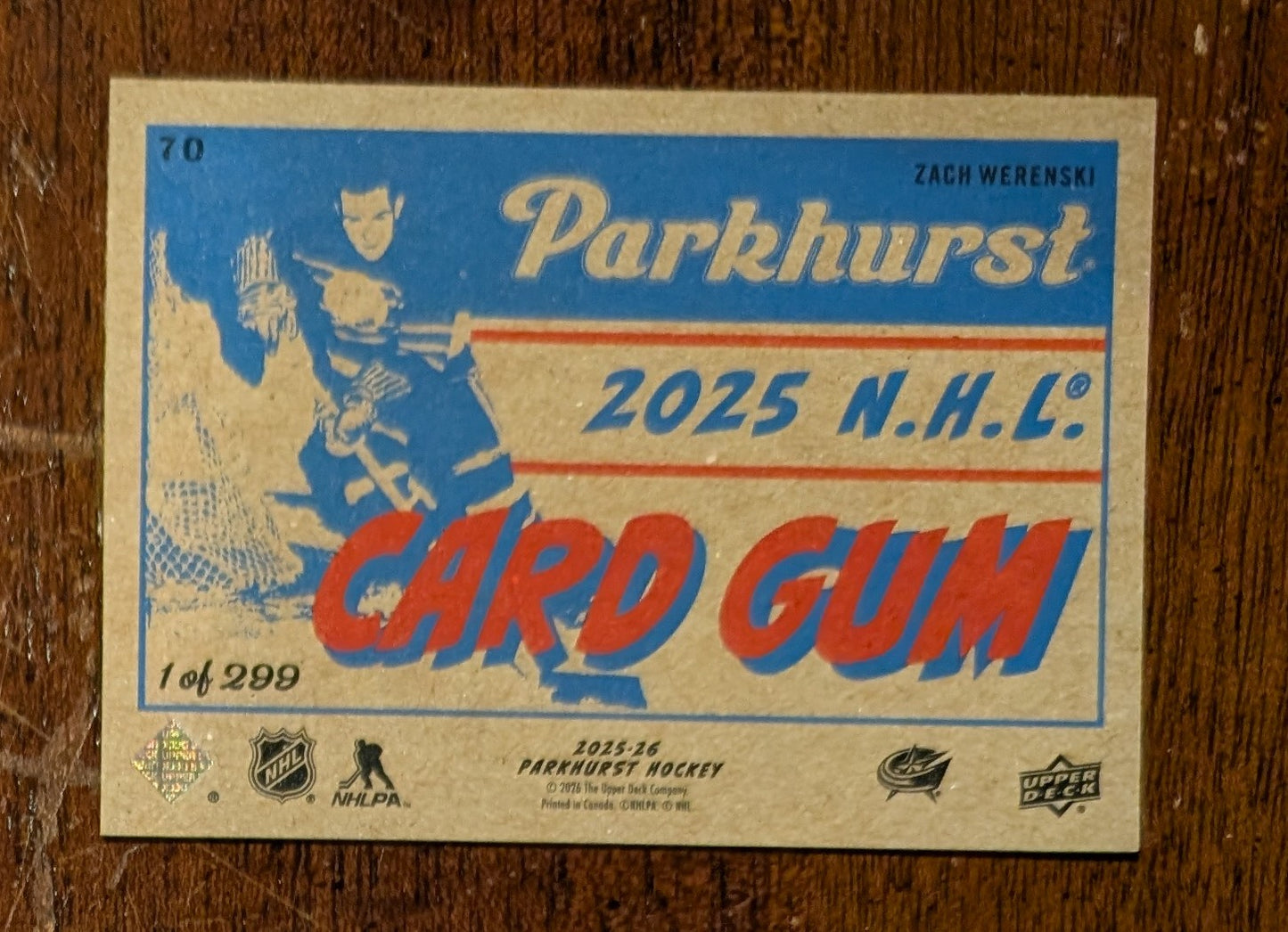 2025-26 Parkhurst Card Gum Back Zach Werenski #70 /299 - Columbus Blue Jackets