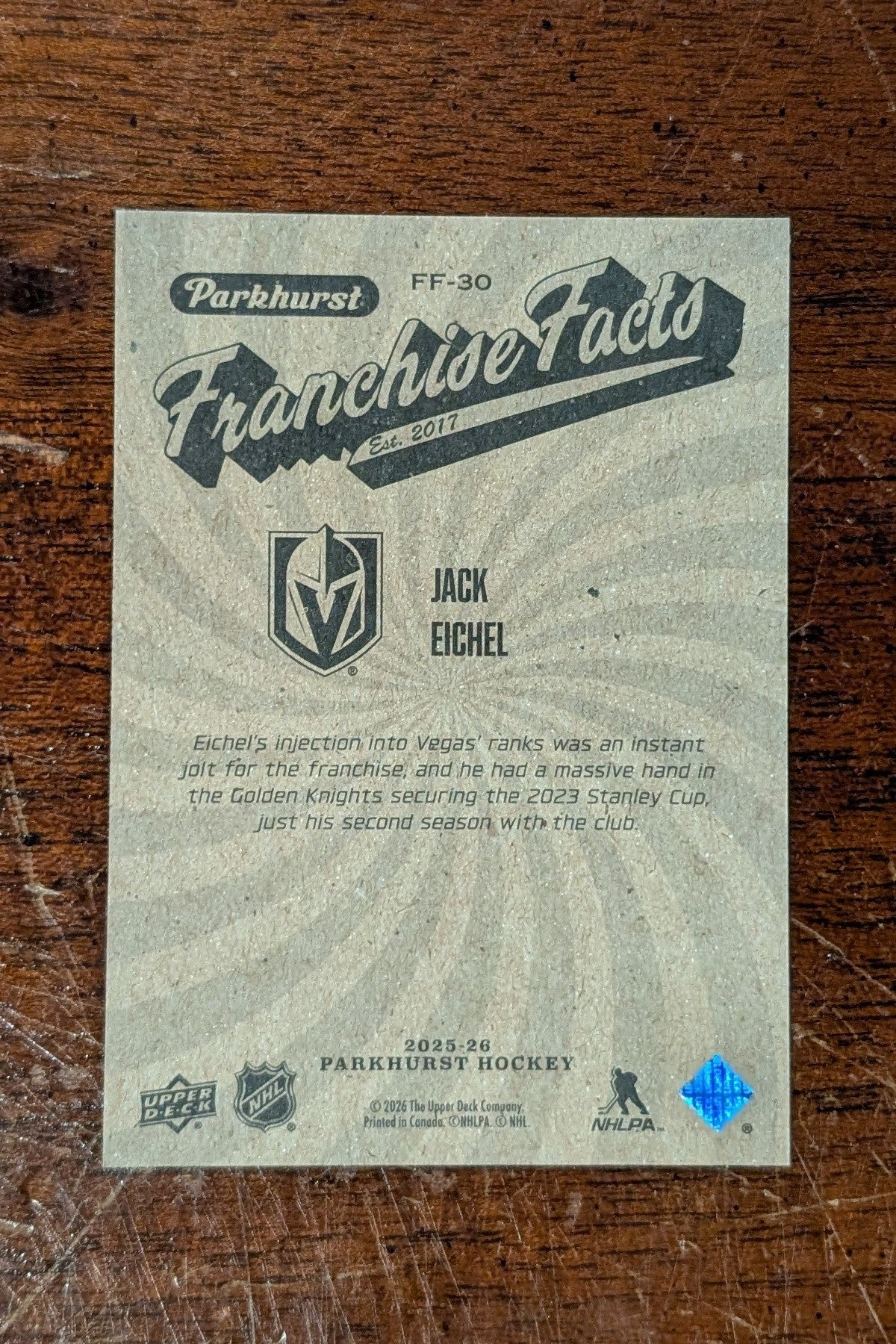 2025-26 UD Parkhurst Franchise Facts Jack Eichel #FF-30 - Vegas Golden Knights