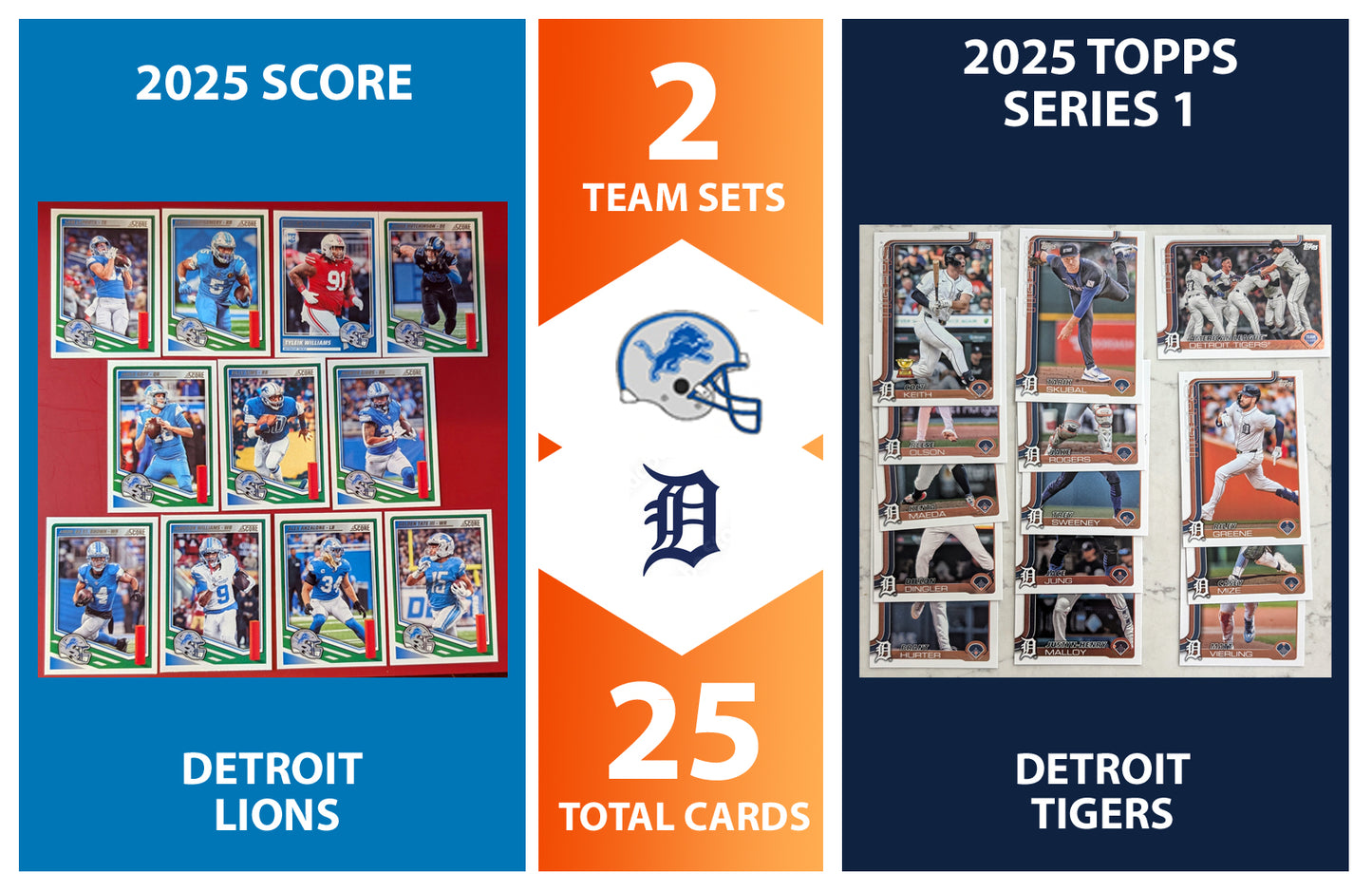 2025 Topps Detroit Tigers SCORE Detroit Lions NFL MLB Team Set Bundle - 25 Total Cards - Skubal Goff Hutchinson