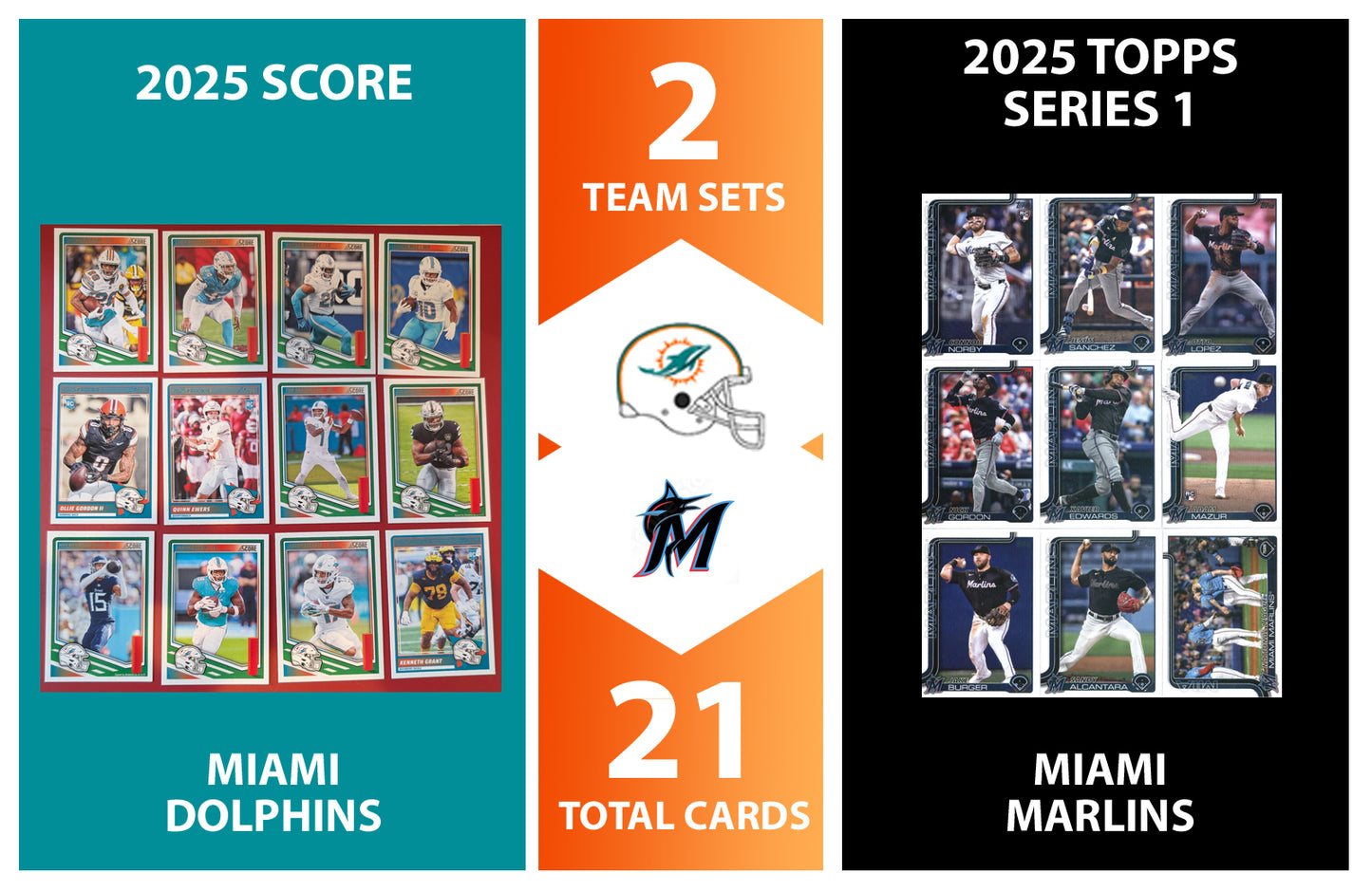 2025 Topps Miami Marlins SCORE Dolphins NFL MLB Team Set Bundle - 21 Total Cards - Tua Tyreek Hill