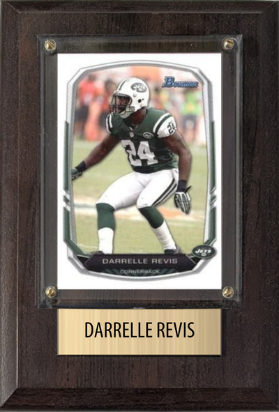 Darrelle Revis New York Jets Hall of Fame Fan Gift Plaque 4x6 1 Card Prizm, Donruss, Score 2024 2025 2026