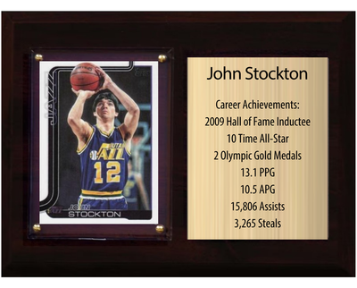 John Stockton Utah Jazz HOF Fan Gift Plaque 6x8 Stats 1 Card Panini Donruss Hoops Prizm Topps 2024 2025 2026