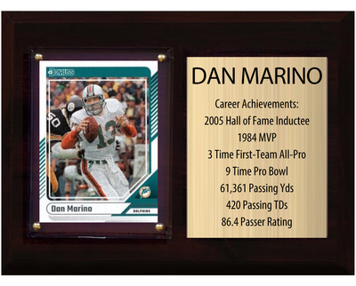 Dan Marino Miami Dolphins HOF Fan Gift Plaque 6x8 Stats 1 Card Donruss Score Panini Topps Prizm 2024 2025 2026