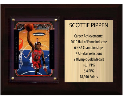 Scottie Pippen Chicago Bulls HOF Fan Gift Plaque 6x8 Stats 1 Card Panini Donruss Hoops Prizm Topps 2024 2025 2026