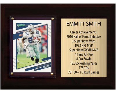 Emmitt Smith Dallas Cowboys HOF Fan Gift Plaque 6x8 Stats 1 Card Donruss Score Panini Topps Prizm 2024 2025 2026