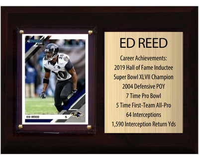 Ed Reed Baltimore Ravens HOF Fan Gift Plaque 6x8 Stats 1 Card Donruss Score Panini Topps Prizm 2024 2025 2026
