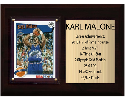 Karl Malone Utah Jazz HOF Fan Gift Plaque 6x8 Stats 1 Card Panini Donruss Hoops Prizm Topps 2024 2025 2026