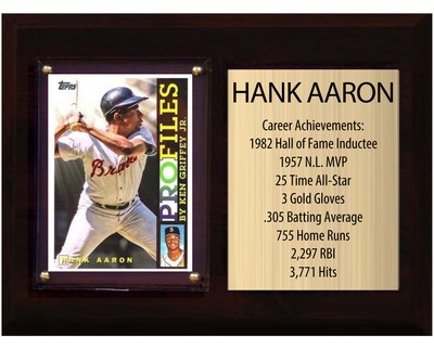 Hank Aaron Atlanta Braves HOF Fan Gift Plaque 6x8 Stats 1 Card Topps Donruss Panini 2024 2025 2026